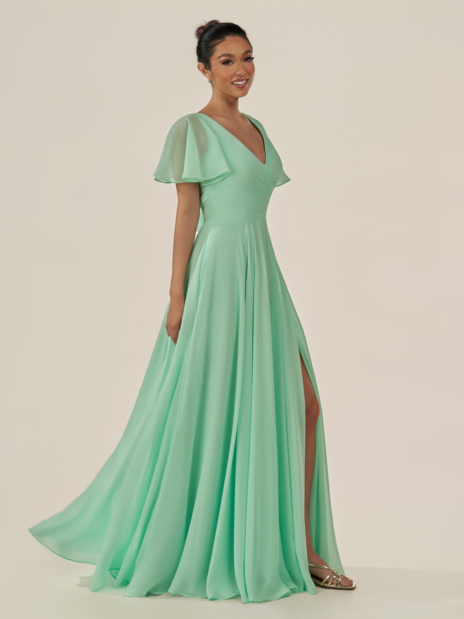 KissDress-Jania Pale Pistachio A Line Chiffon V Neck Long Bridesmaid Dress with Flutter Sleeves