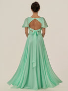 KissDress-Jania Pale Pistachio A Line Chiffon V Neck Long Bridesmaid Dress with Flutter Sleeves