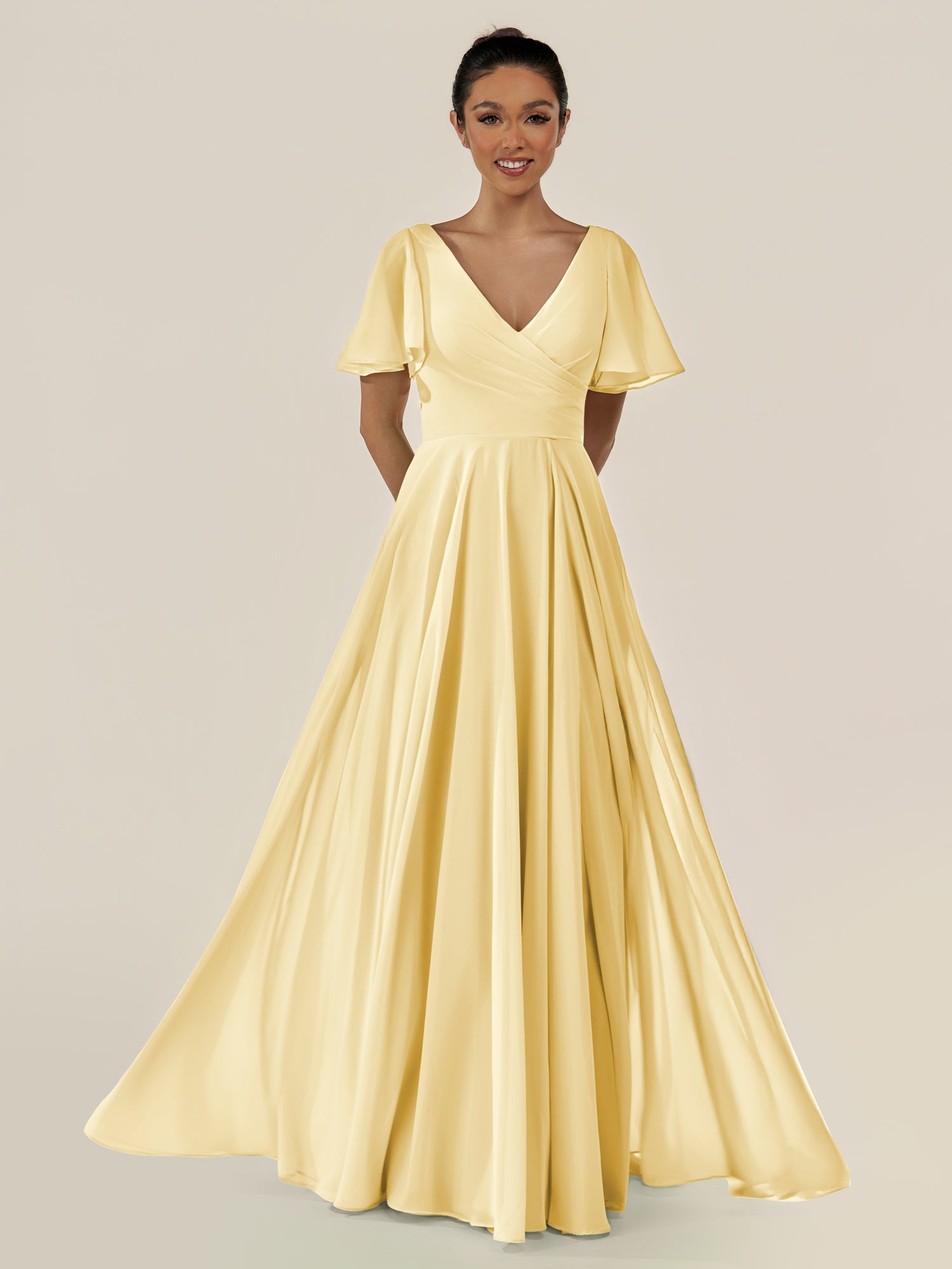 KissDress-Jania Pastel Yellow A Line Chiffon V Neck Long Bridesmaid Dress with Flutter Sleeves