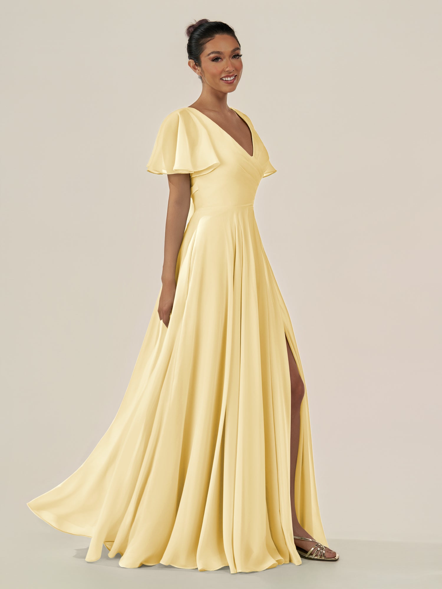 KissDress-Jania Pastel Yellow A Line Chiffon V Neck Long Bridesmaid Dress with Flutter Sleeves