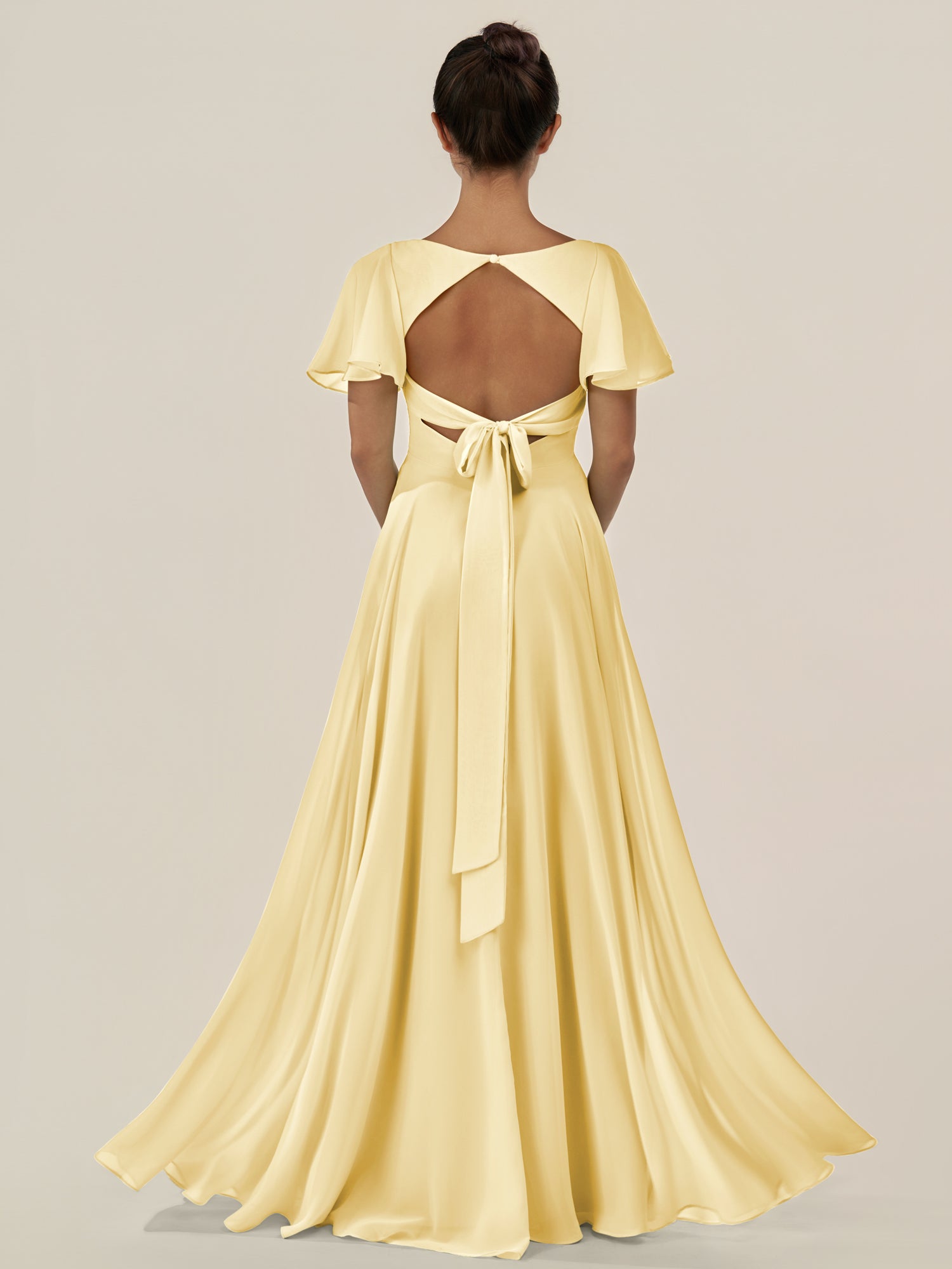 KissDress-Jania Pastel Yellow A Line Chiffon V Neck Long Bridesmaid Dress with Flutter Sleeves