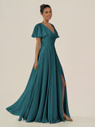 KissDress-Jania Pine A Line Chiffon V Neck Long Bridesmaid Dress with Flutter Sleeves