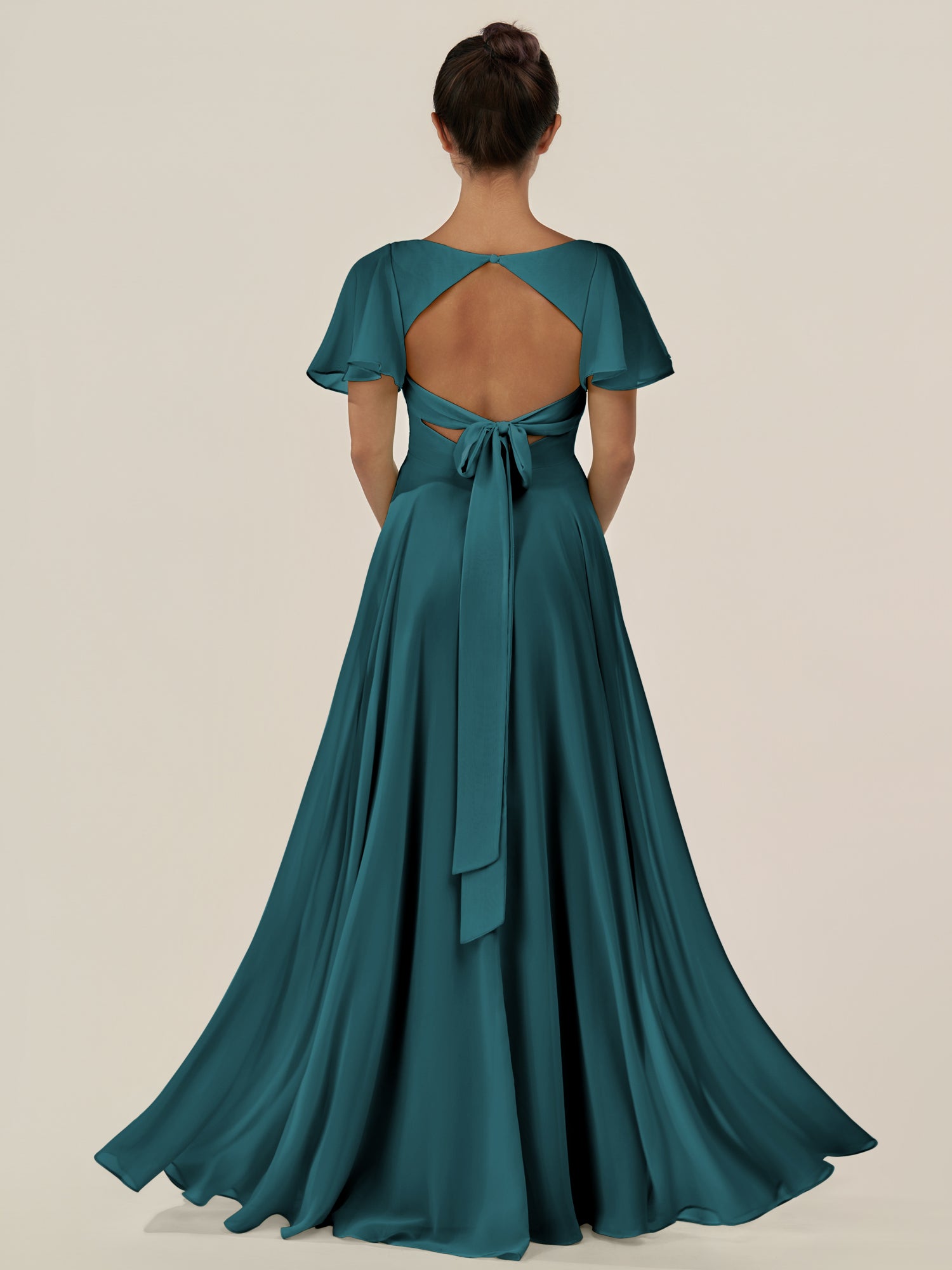 KissDress-Jania Pine A Line Chiffon V Neck Long Bridesmaid Dress with Flutter Sleeves