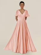 KissDress-Jania Rose Petal A Line Chiffon V Neck Long Bridesmaid Dress with Flutter Sleeves