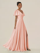KissDress-Jania Rose Petal A Line Chiffon V Neck Long Bridesmaid Dress with Flutter Sleeves