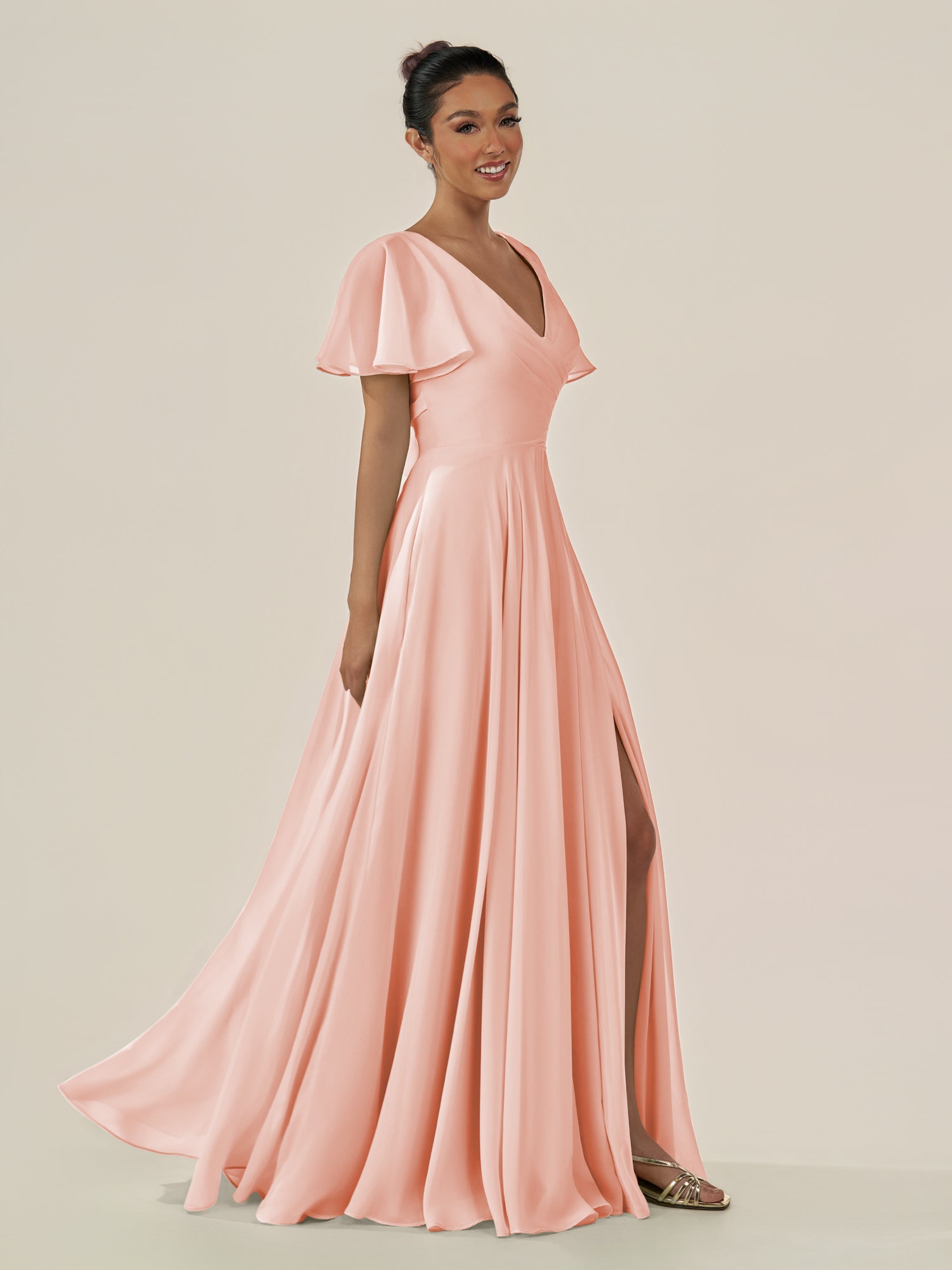 KissDress-Jania Rose Petal A Line Chiffon V Neck Long Bridesmaid Dress with Flutter Sleeves