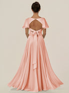 KissDress-Jania Rose Petal A Line Chiffon V Neck Long Bridesmaid Dress with Flutter Sleeves