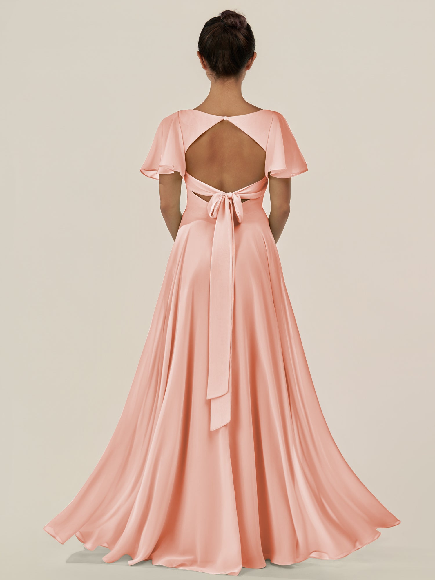 KissDress-Jania Rose Petal A Line Chiffon V Neck Long Bridesmaid Dress with Flutter Sleeves