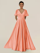 KissDress-Jania Rosette A Line Chiffon V Neck Long Bridesmaid Dress with Flutter Sleeves