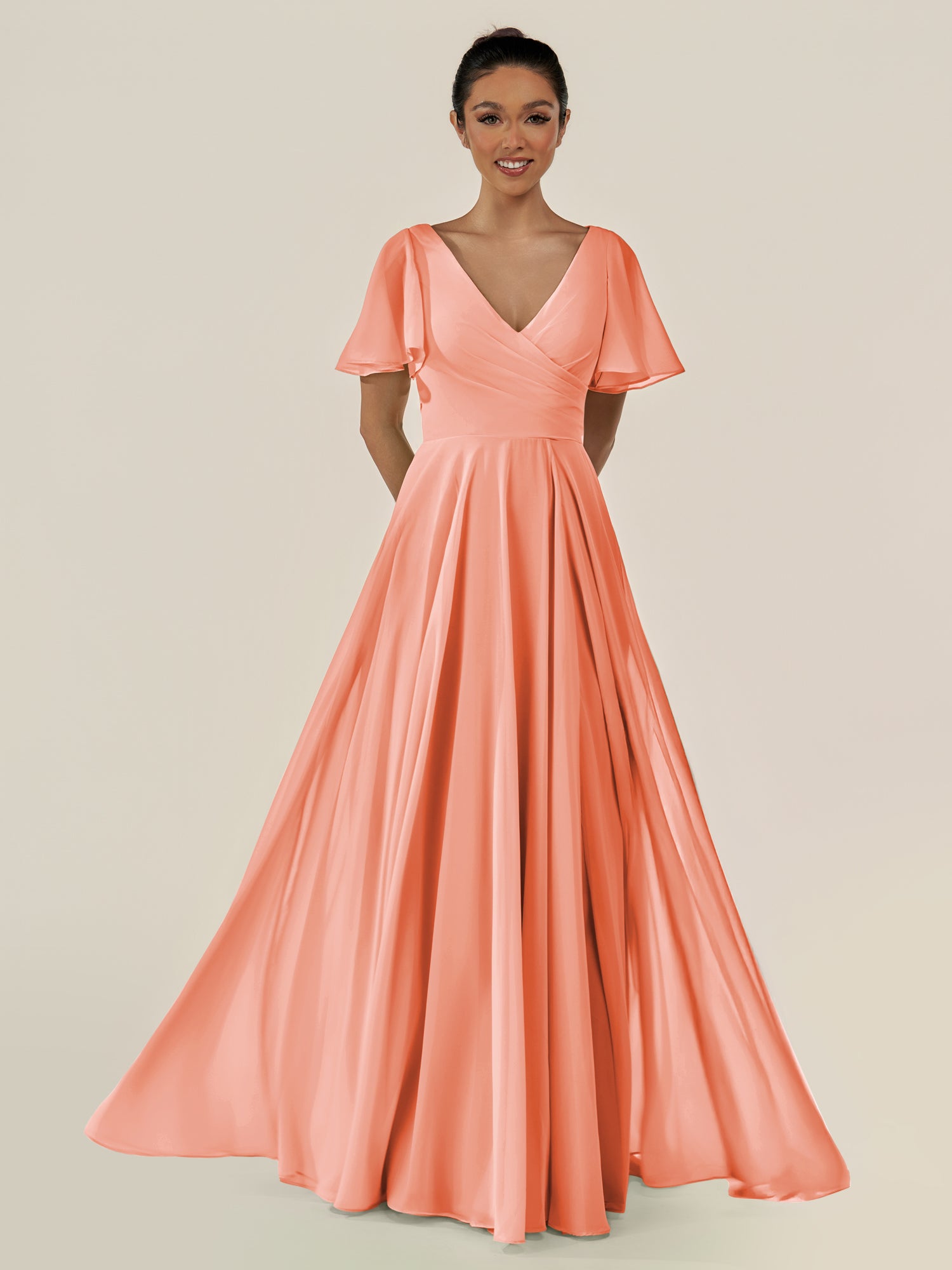 KissDress-Jania Rosette A Line Chiffon V Neck Long Bridesmaid Dress with Flutter Sleeves