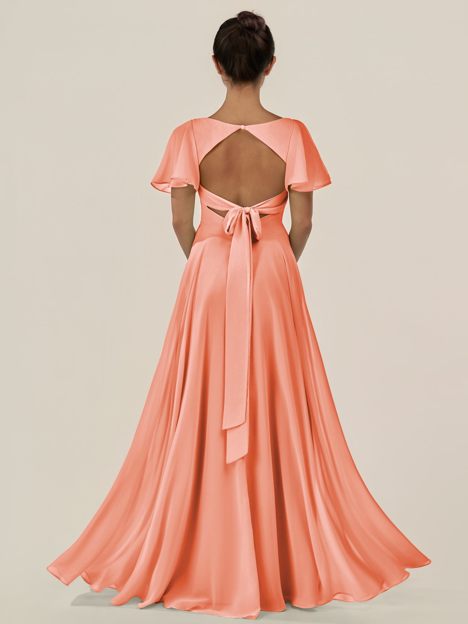 KissDress-Jania Rosette A Line Chiffon V Neck Long Bridesmaid Dress with Flutter Sleeves