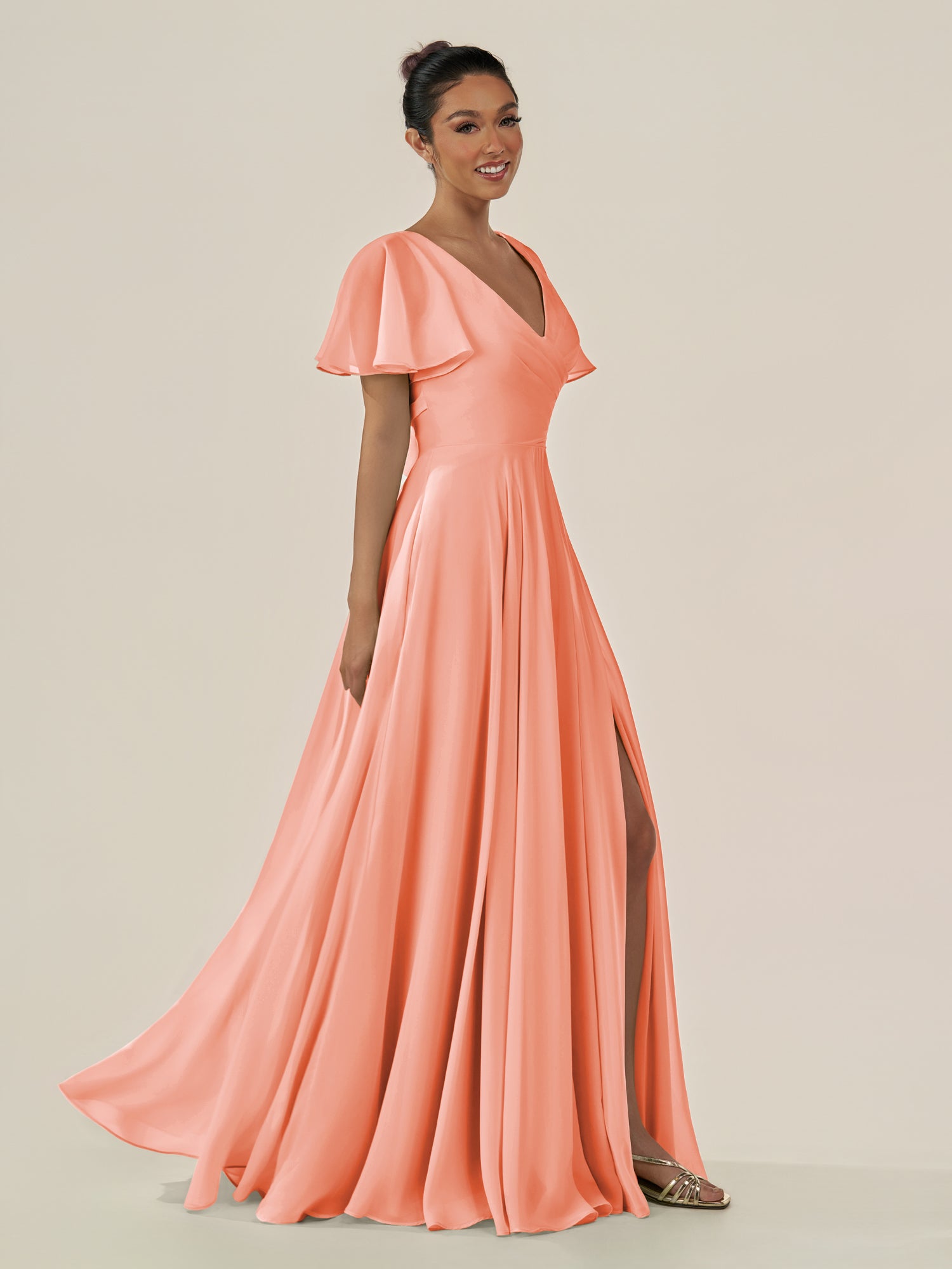 KissDress-Jania Rosette A Line Chiffon V Neck Long Bridesmaid Dress with Flutter Sleeves