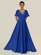 KissDress-Jania Royal Blue A Line Chiffon V Neck Long Bridesmaid Dress with Flutter Sleeves