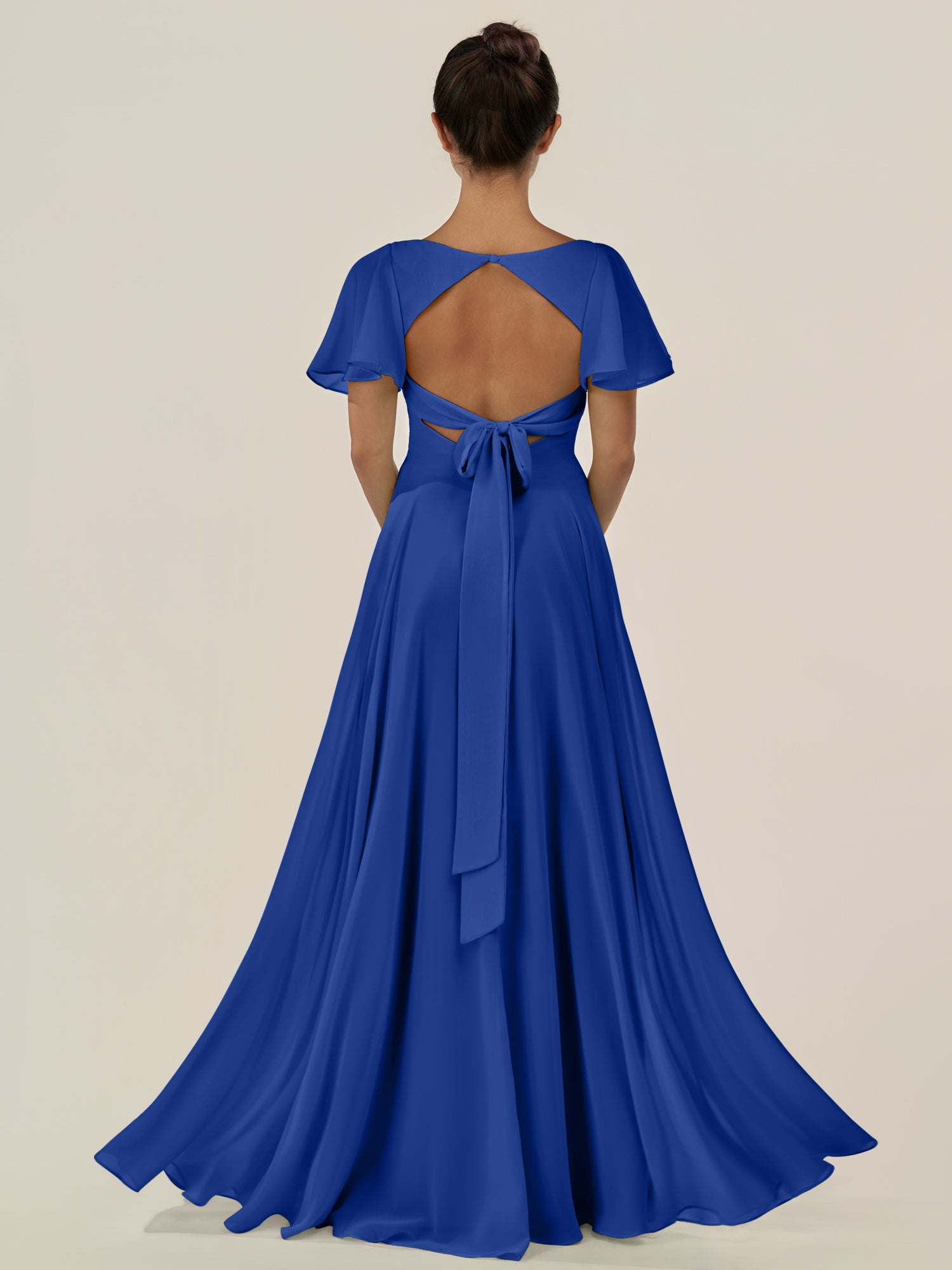 KissDress-Jania Royal Blue A Line Chiffon V Neck Long Bridesmaid Dress with Flutter Sleeves