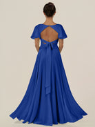 KissDress-Jania Royal Blue A Line Chiffon V Neck Long Bridesmaid Dress with Flutter Sleeves