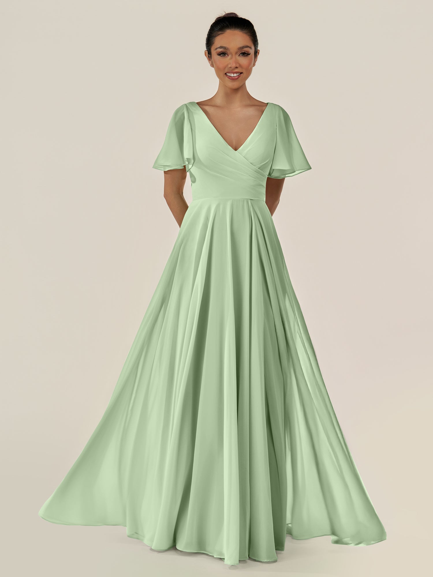 KissDress-Jania Sage A Line Chiffon V Neck Long Bridesmaid Dress with Flutter Sleeves