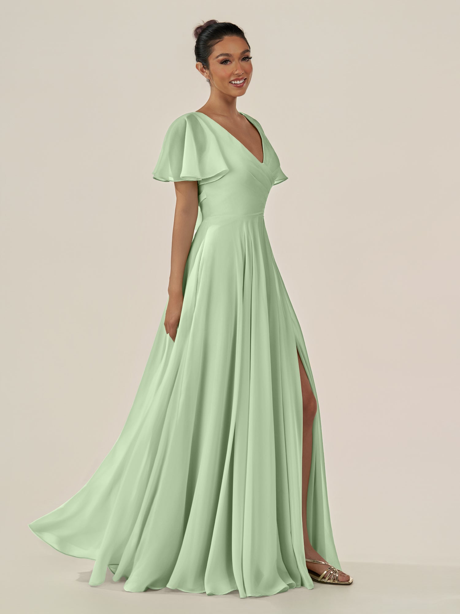 KissDress-Jania Sage A Line Chiffon V Neck Long Bridesmaid Dress with Flutter Sleeves