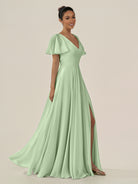 KissDress-Jania Sage A Line Chiffon V Neck Long Bridesmaid Dress with Flutter Sleeves