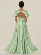 KissDress-Jania Sage A Line Chiffon V Neck Long Bridesmaid Dress with Flutter Sleeves