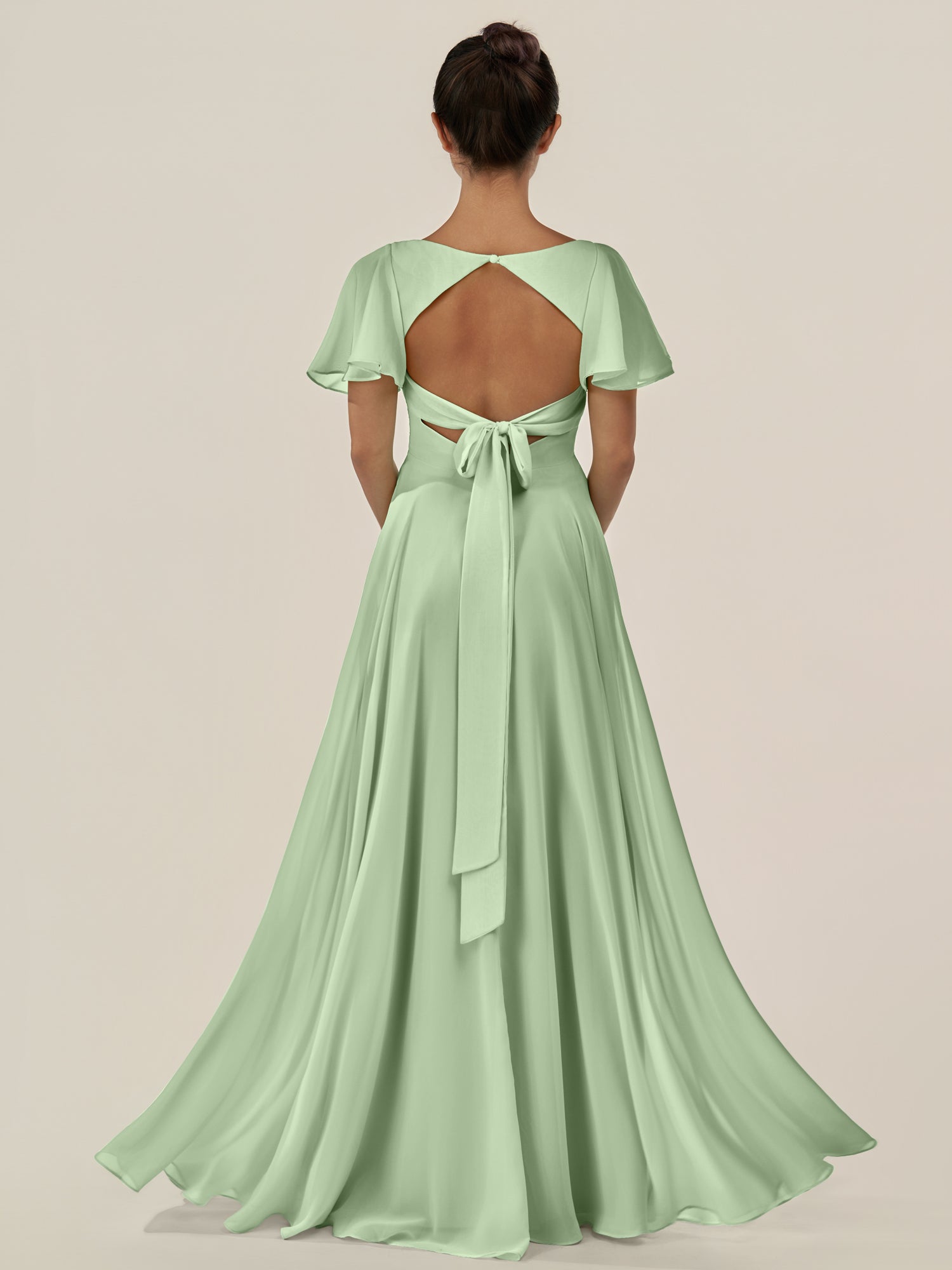 KissDress-Jania Sage A Line Chiffon V Neck Long Bridesmaid Dress with Flutter Sleeves