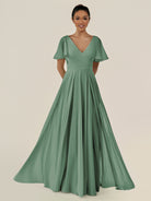 KissDress-Jania Sea Glass A Line Chiffon V Neck Long Bridesmaid Dress with Flutter Sleeves