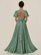 KissDress-Jania Sea Glass A Line Chiffon V Neck Long Bridesmaid Dress with Flutter Sleeves