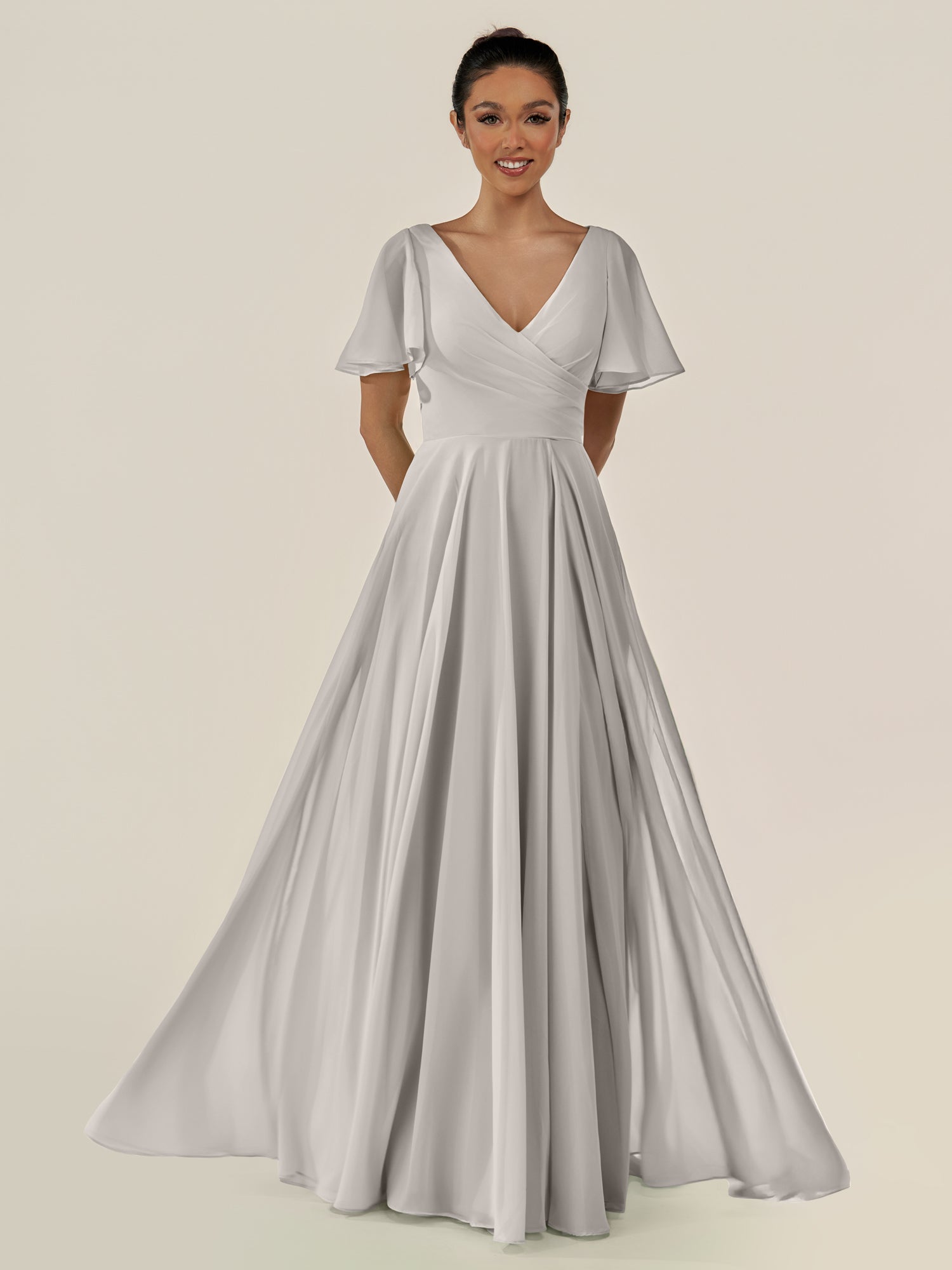 KissDress-Jania Silver A Line Chiffon V Neck Long Bridesmaid Dress with Flutter Sleeves
