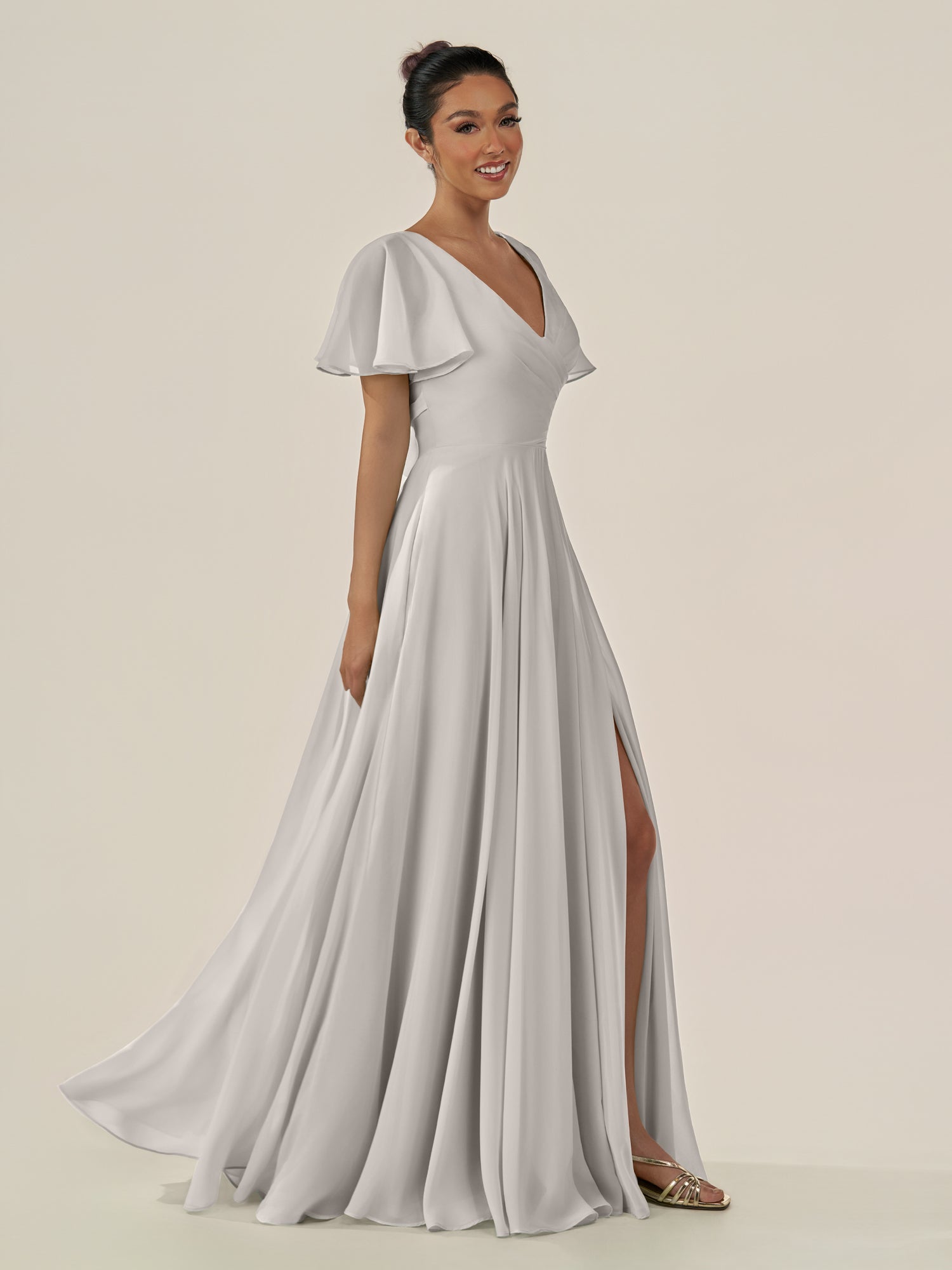 KissDress-Jania Silver A Line Chiffon V Neck Long Bridesmaid Dress with Flutter Sleeves