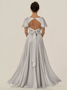 KissDress-Jania Silver A Line Chiffon V Neck Long Bridesmaid Dress with Flutter Sleeves
