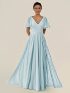 KissDress-Jania Sky Blue A Line Chiffon V Neck Long Bridesmaid Dress with Flutter Sleeves
