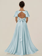 KissDress-Jania Sky Blue A Line Chiffon V Neck Long Bridesmaid Dress with Flutter Sleeves