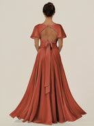 KissDress-Jania Spice A Line Chiffon V Neck Long Bridesmaid Dress with Flutter Sleeves