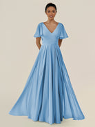 KissDress-Jania Steel Blue A Line Chiffon V Neck Long Bridesmaid Dress with Flutter Sleeves