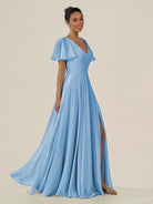 KissDress-Jania Steel Blue A Line Chiffon V Neck Long Bridesmaid Dress with Flutter Sleeves