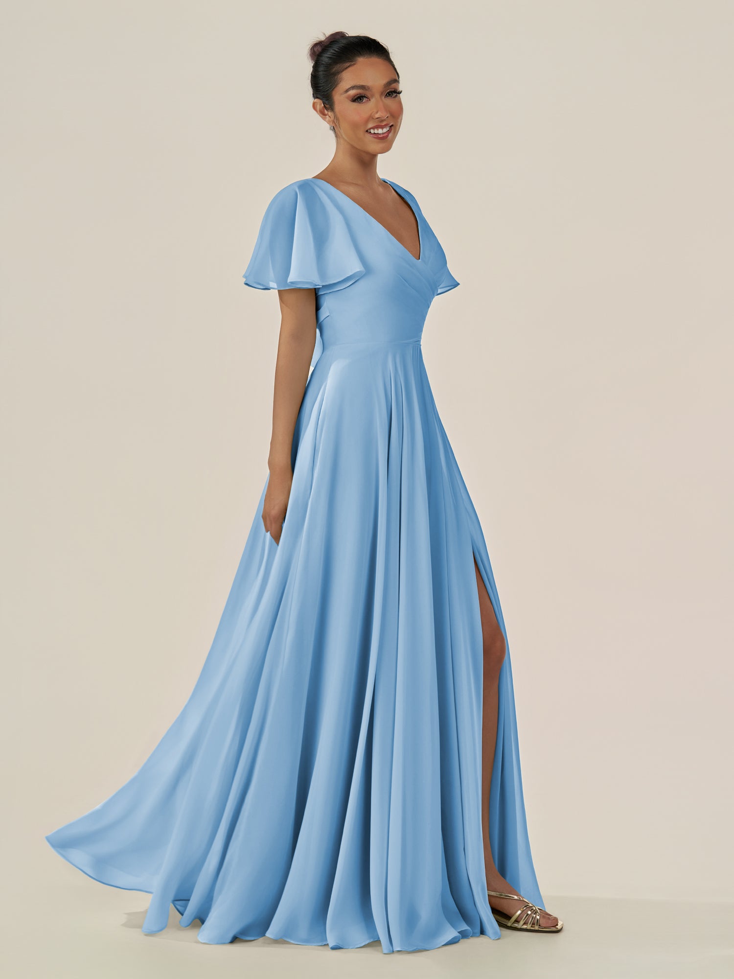 KissDress-Jania Steel Blue A Line Chiffon V Neck Long Bridesmaid Dress with Flutter Sleeves