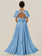 KissDress-Jania Steel Blue A Line Chiffon V Neck Long Bridesmaid Dress with Flutter Sleeves