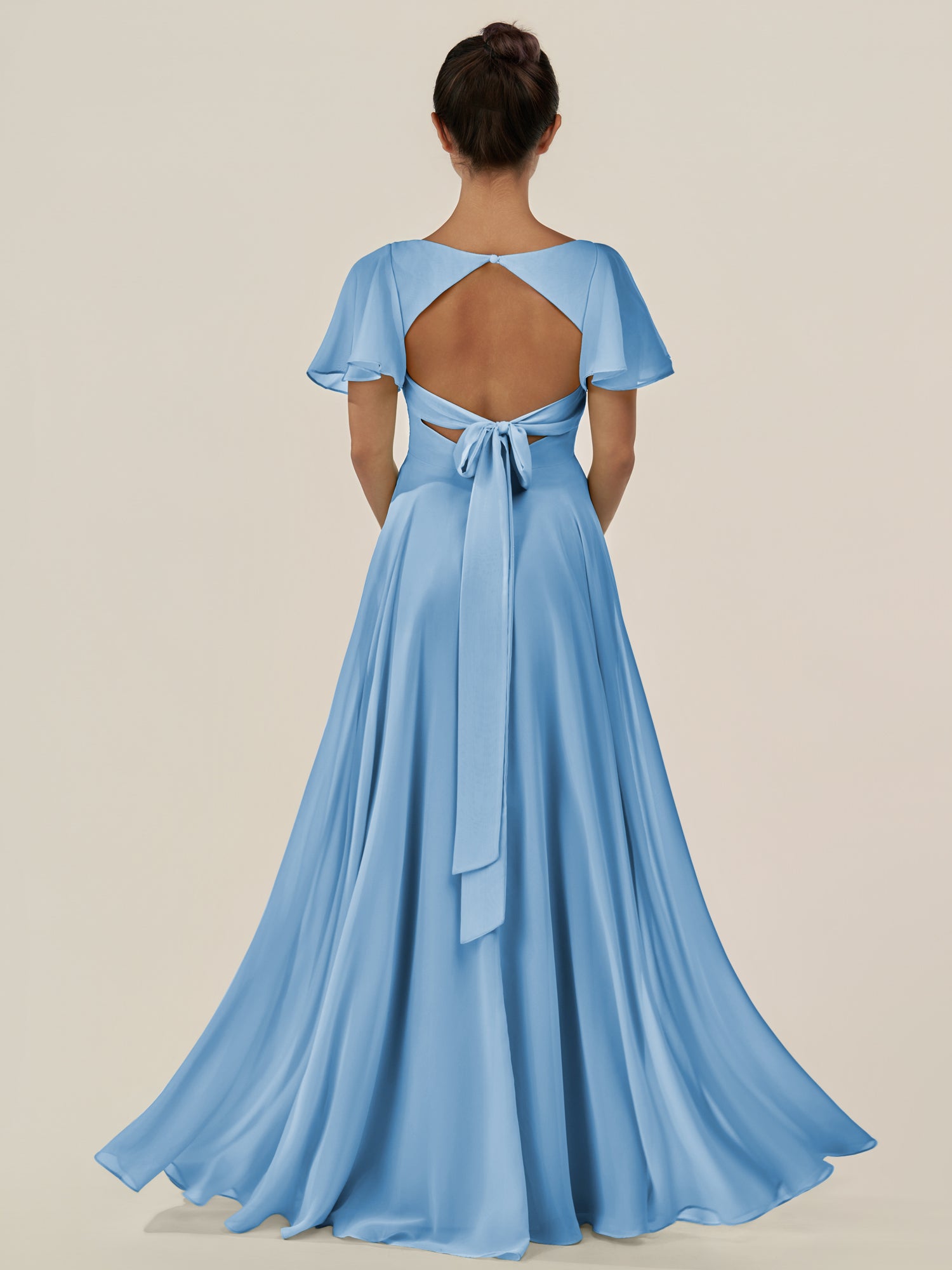 KissDress-Jania Steel Blue A Line Chiffon V Neck Long Bridesmaid Dress with Flutter Sleeves
