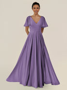 KissDress-Jania Tahiti A Line Chiffon V Neck Long Bridesmaid Dress with Flutter Sleeves