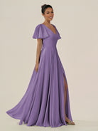 KissDress-Jania Tahiti A Line Chiffon V Neck Long Bridesmaid Dress with Flutter Sleeves