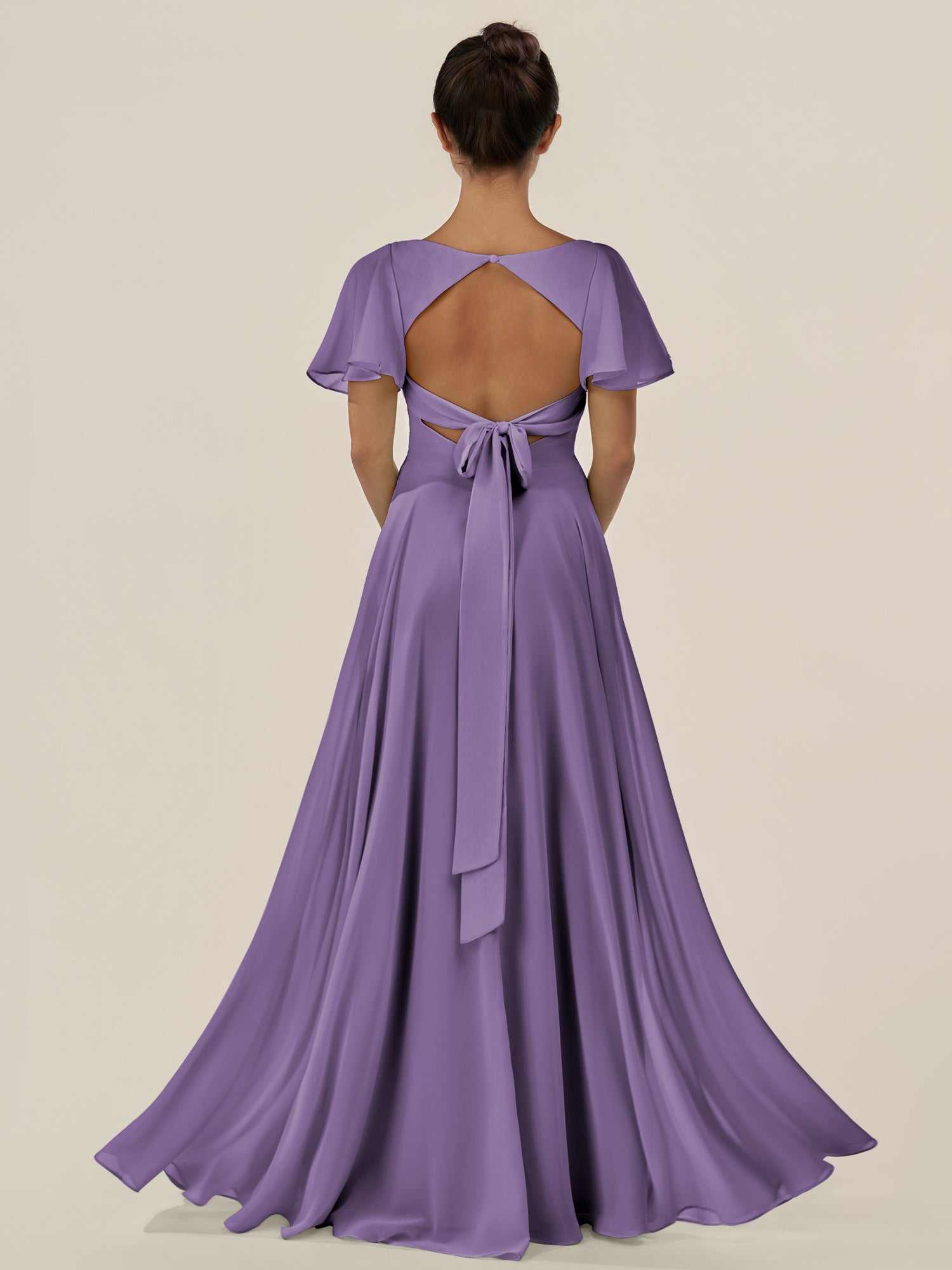 KissDress-Jania Tahiti A Line Chiffon V Neck Long Bridesmaid Dress with Flutter Sleeves