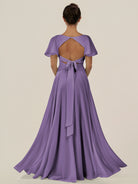 KissDress-Jania Tahiti A Line Chiffon V Neck Long Bridesmaid Dress with Flutter Sleeves
