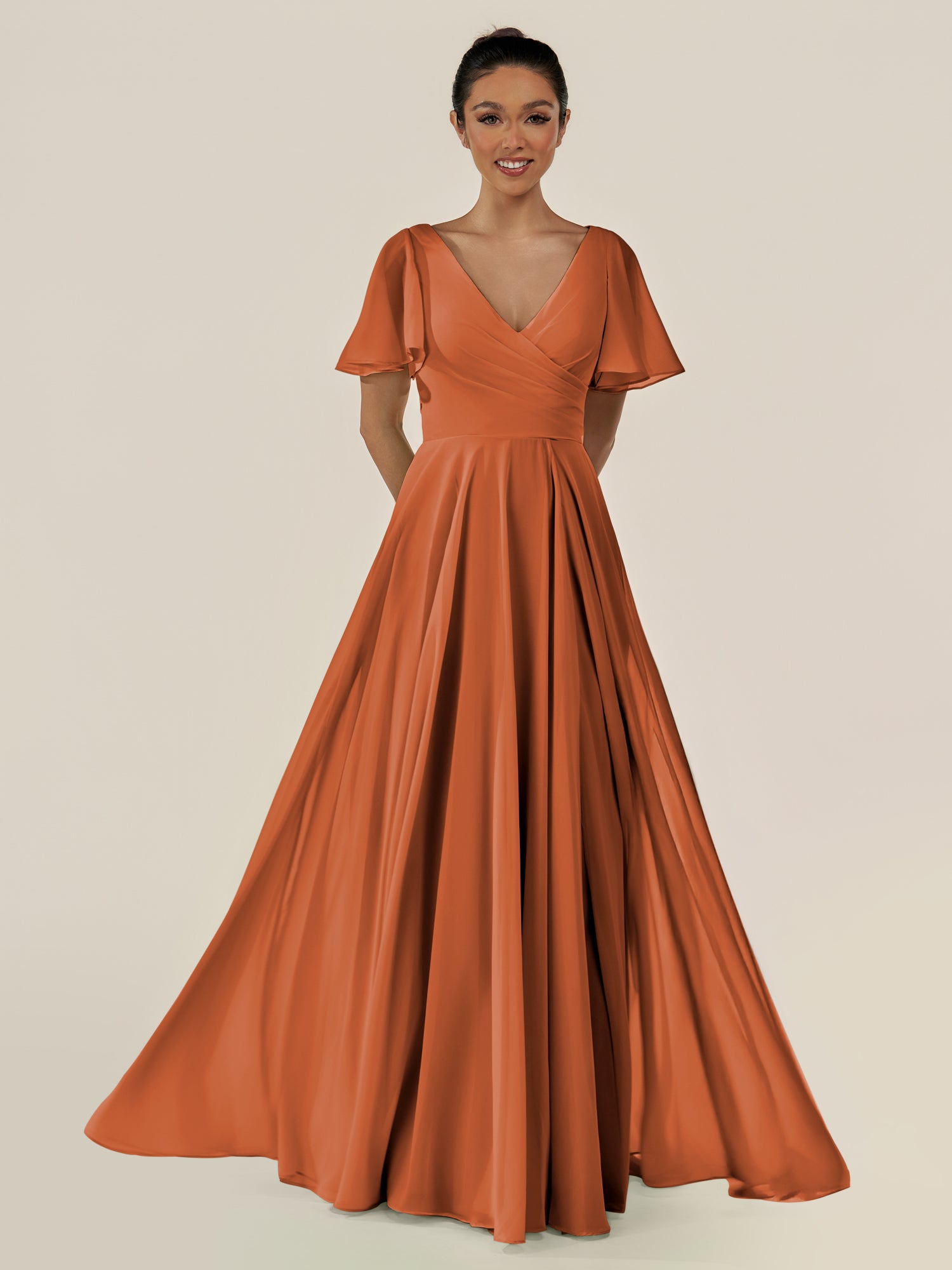 KissDress-Jania Terracotta A Line Chiffon V Neck Long Bridesmaid Dress with Flutter Sleeves