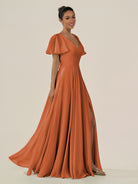 KissDress-Jania Terracotta A Line Chiffon V Neck Long Bridesmaid Dress with Flutter Sleeves