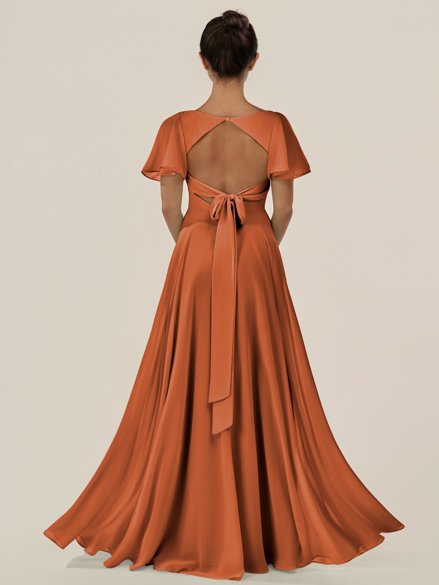 KissDress-Jania Terracotta A Line Chiffon V Neck Long Bridesmaid Dress with Flutter Sleeves