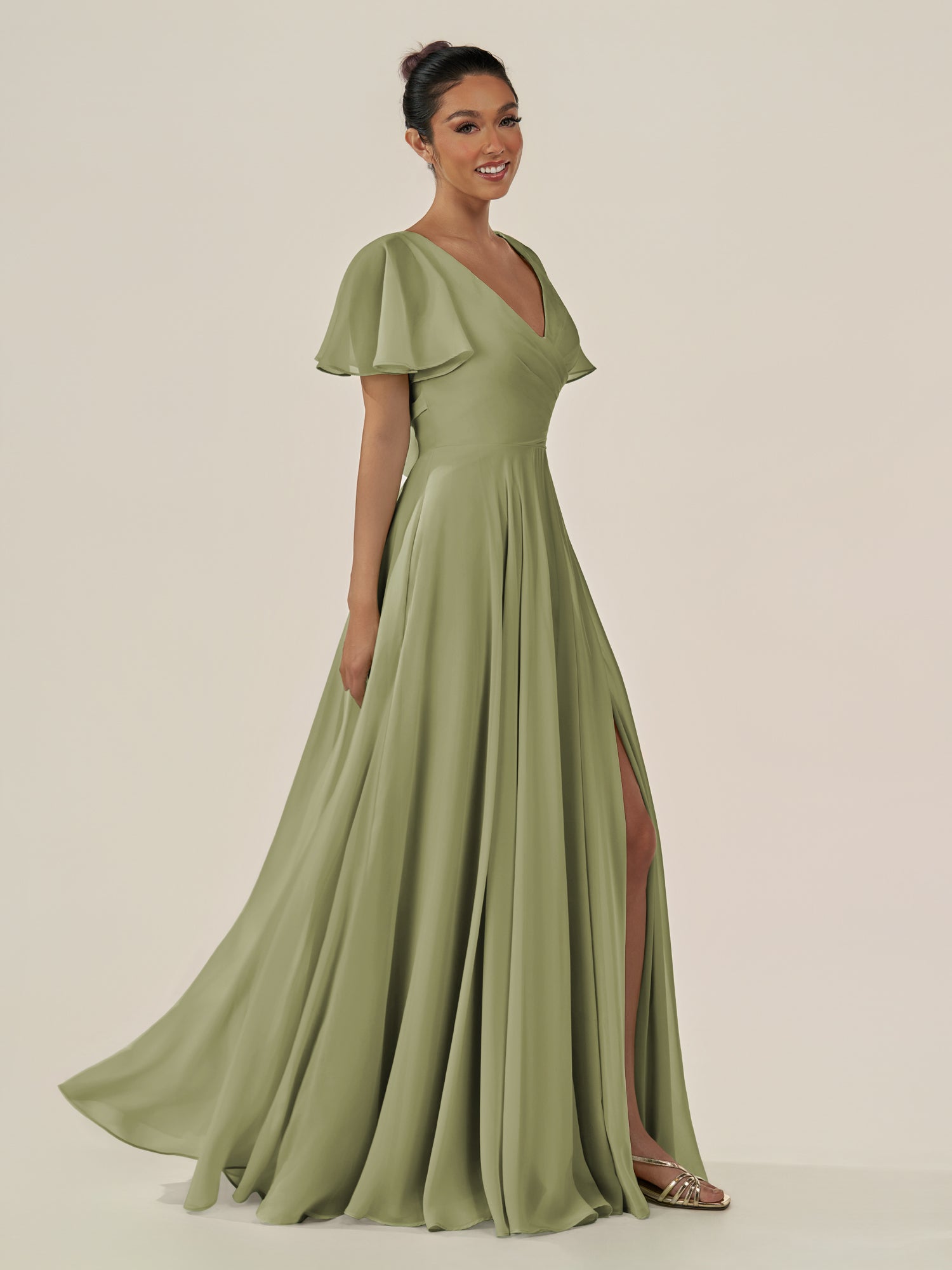 KissDress-Jania Thyme A Line Chiffon V Neck Long Bridesmaid Dress with Flutter Sleeves