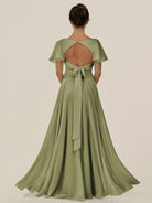 KissDress-Jania Thyme A Line Chiffon V Neck Long Bridesmaid Dress with Flutter Sleeves