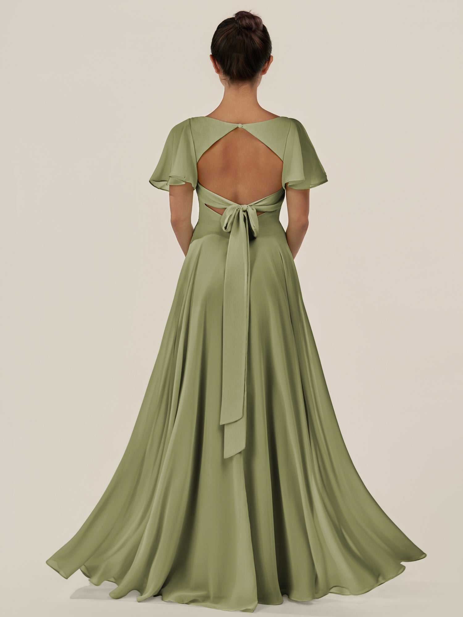 KissDress-Jania Thyme A Line Chiffon V Neck Long Bridesmaid Dress with Flutter Sleeves