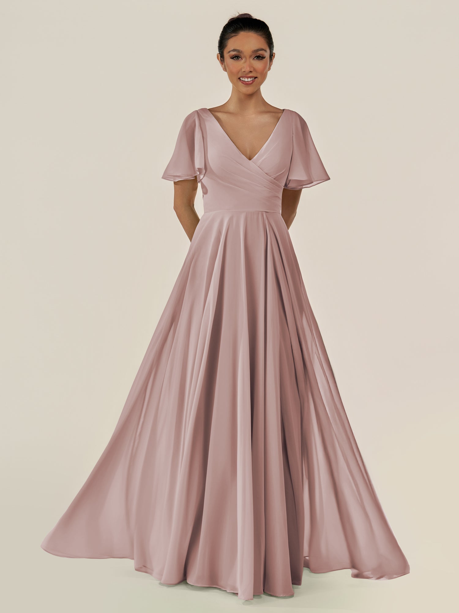 KissDress-Jania Toffee A Line Chiffon V Neck Long Bridesmaid Dress with Flutter Sleeves