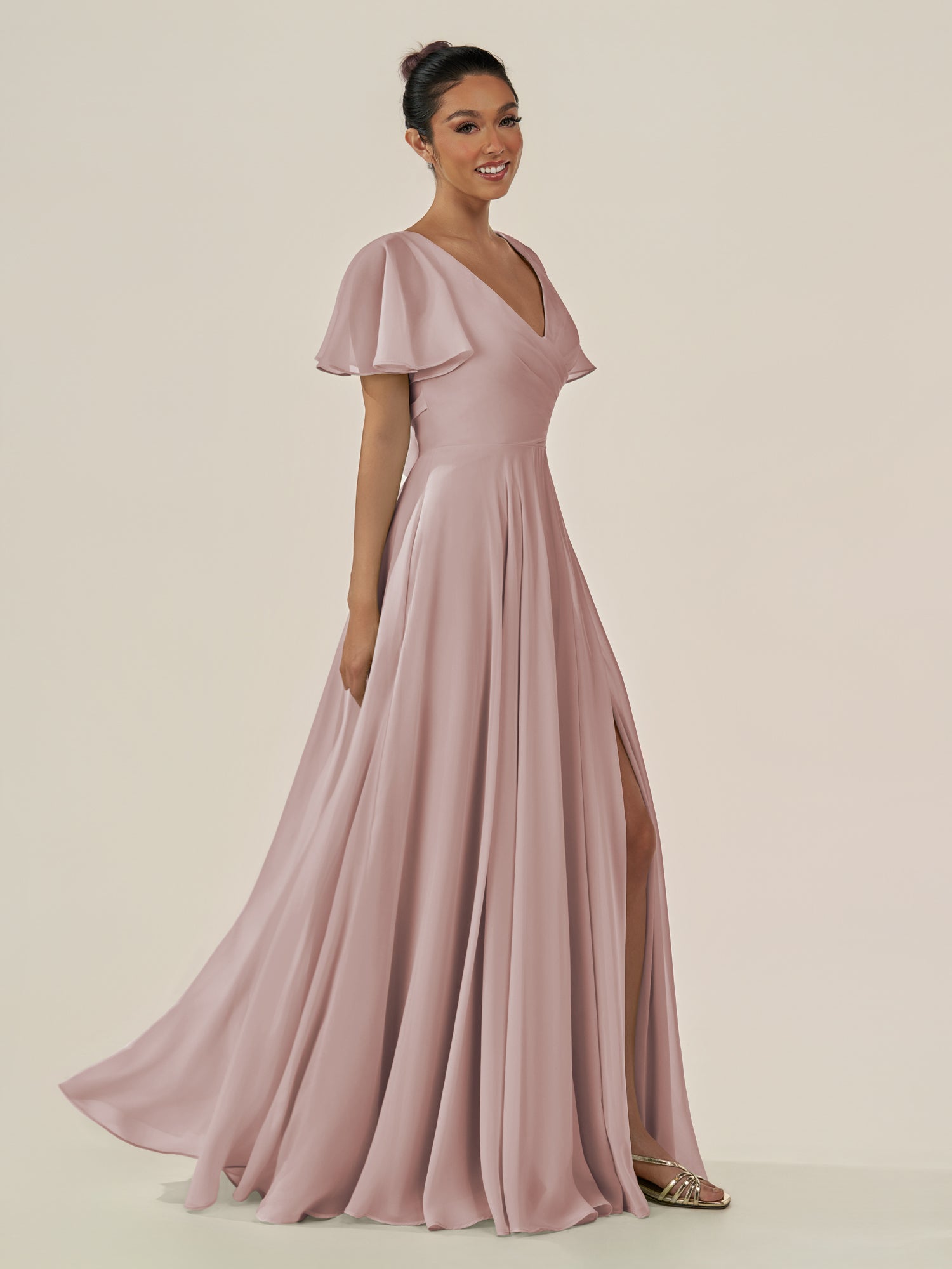 KissDress-Jania Toffee A Line Chiffon V Neck Long Bridesmaid Dress with Flutter Sleeves