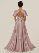 KissDress-Jania Toffee A Line Chiffon V Neck Long Bridesmaid Dress with Flutter Sleeves
